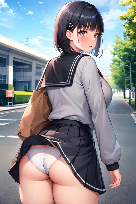 Best Quality, High resolution, Unity 8k壁纸, (Illustration:0.8), Perfect Lighting, extremely details CG, (Perfect hands, Perfect Anatomy),masutepiece, Best Quality, hight resolution, nffsw, Short hair, hair clips, Large breasts, grey sweater, black sailor co...