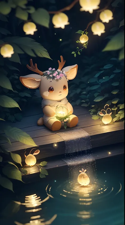 Masterpiece, best quality, (very detailed CG unity 8k wallpaper), (best quality), (best illustration), (best shadows), glow sprite, with a glowing deer, in the swimming pool Drinking water, natural elements in the forest theme. Mysterious forest, beautiful...