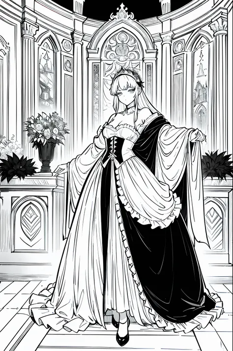 superbe femme, robe longue, 1 girl solo, decor avec chateau renaissance, lineart, black and white, monochrome, avec hachures, style manga, ambiance halloween, jambe denudee,  prestigieuse femme fatale, beau visage, details, cadrage sur le haut du corps seu...