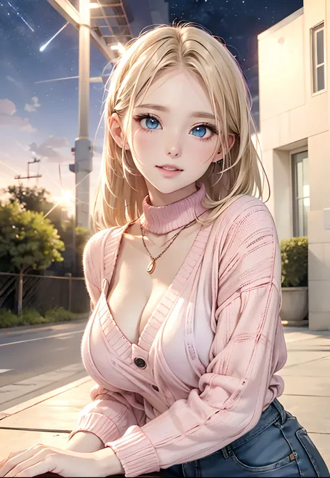 absurderes, ultra-detailliert,bright colour,(in 8K:1.3),masuter piece,extremely beautiful detailed face and eyes,8K,(Deep Blue Eyes:1.2),(Loose Size Pink Argyle Knit:1.4),(Short denim:1.2),Cute smile、Synchrosis Necklace、Stylish bracelets,Inside the boutiqu...