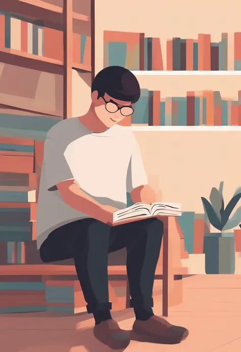 Best Picture Quality，A boy sitting in front of a bookshelf reading a book，Around 20 years old，Bright smile，Flat style，Bright colors