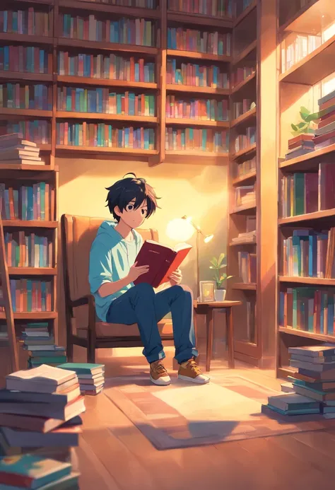 Best Picture Quality，high definition detail，A boy sitting in front of a bookshelf reading a book，Around 20 years old，Bright smile，Flat style，Bright colors