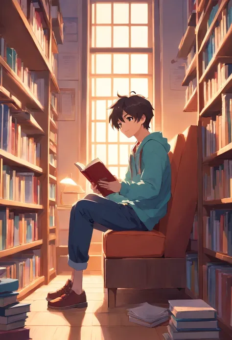 Best Picture Quality，high definition detail，A boy sitting in front of a bookshelf reading a book，Around 20 years old，Bright smile，Flat style，Bright colors