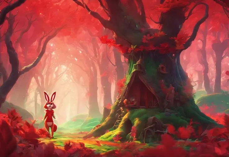 3D rendering of (A picture of an adventure rabbit sister standing on the red leaf forest trail), hairy, clear and beautiful face, big green bright eyes, binoculars hanging on her chest, rabbit sister wearing green and fashionable adventure clothes, red mou...