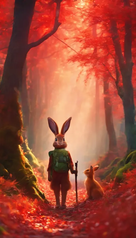 3D rendering of (Photo of an adventurous rabbit sister standing on a path in the autumn leaves), hairy, Clear and beautiful face, Big green bright eyes, Binoculars hanging from her chest, Sister Bunny wears a green and stylish adventure outfit, Red hiking ...