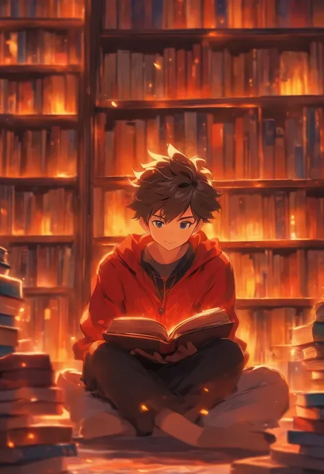 Best Picture Quality，high definition detail，A boy sitting in front of a bookshelf reading a book，Around 20 years old，Bright smile，Flat style，Bright colors