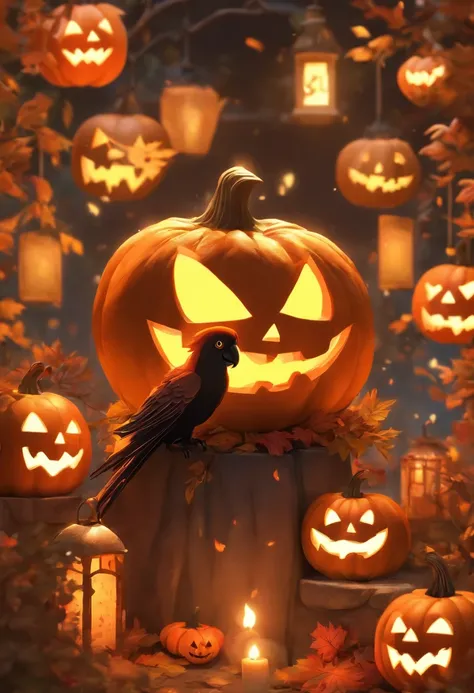 jack-o-lanterns、Parrot and Jack Lantern in the spooky Halloween garden, Surrounded by bright autumn leaves. The garden is filled with eerie lights, Cast a shadow on the carved face of the pumpkin, Create an eerie and charming atmosphere. The jack lantern h...