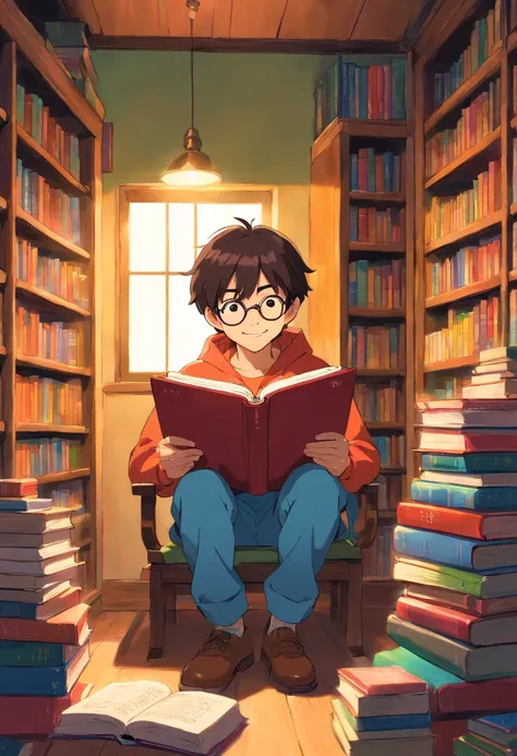 Best Picture Quality，high definition detail，A boy sitting in front of a bookshelf reading a book，Around 20 years old，Bright smile，Flat style，Bright colors