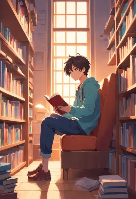 Best Picture Quality，high definition detail，A boy sitting in front of a bookshelf reading a book，Around 20 years old，Bright smile，Flat style，Bright colors