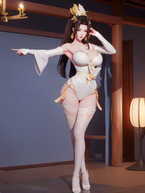 WZRYhuowuMY,hair ornament,Best quality, masterpiece, meticulous detail, realistic, a hot beautiful maid in the heaven, big breast, big hips, long leg, full body, sexy, sensual, raytraced