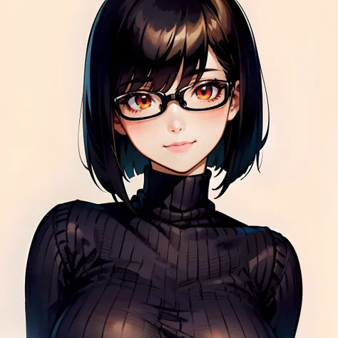 1woman, short black hair, bob cut, sharp orange eyes, glasses, medium breast, black ribbed turtleneck sweater, sweet smile, solo, best quality, masterpiece, portrait, simple background, looking at the camera, from the front, 1result, vibrant, detailed, per...