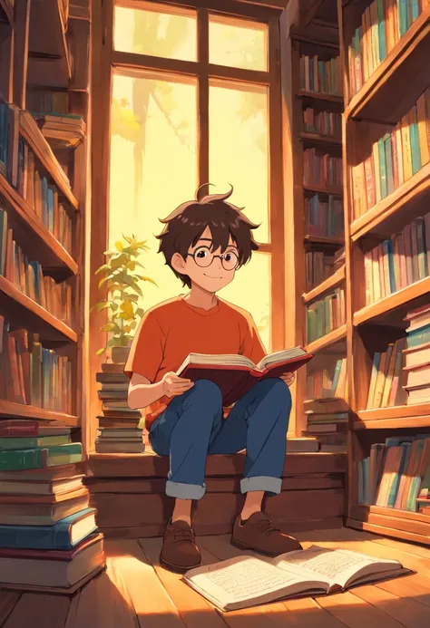 Best picture quality，high definition detail，A boy sits in front of a bookshelf reading a book，Around 20 years old，Bright smile，bright sun，Flat style，Bright colors