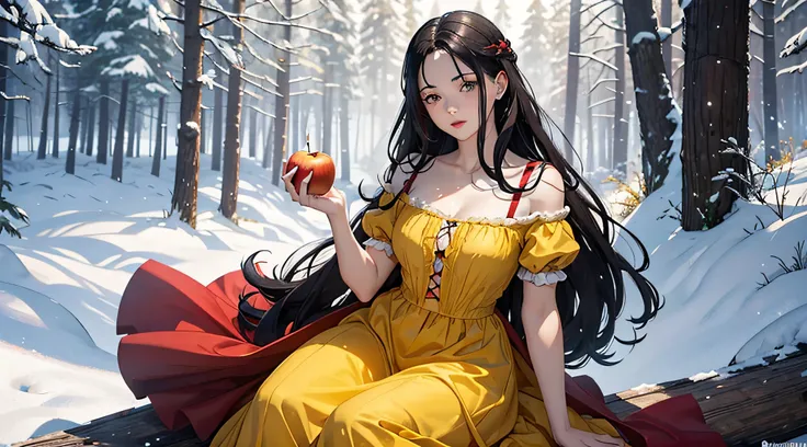 1 Girl in Picture, Snow White, 14 Jahre, Schwarze Haare, Rote Schleife im Haar, yellow White Dress, rote Wangen, rote Lippen Apfel, Apfel in Hand, Braune Augen, Niedlich, im Wald, liegend, sexy pose