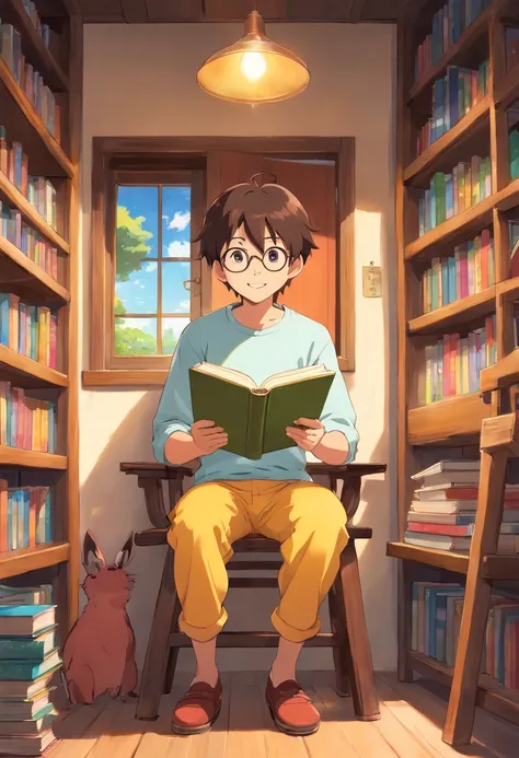 Best picture quality，high definition detail，A boy sits on a stool in front of a bookshelf reading a book，Around 20 years old，Bright smile，bright sun，White sunlight，Flat style，Bright colors