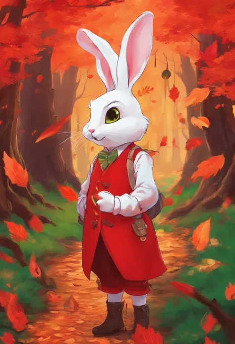 a 3D render (Photo of an adventurous white rabbit sister standing on the autumn leaves trail), anthropomorphic turtle，full bodyesbian，Rear view，Side view，hairy, Clear and beautiful face, Big green bright eyes, Binoculars hanging from her chest, Sister Rabb...