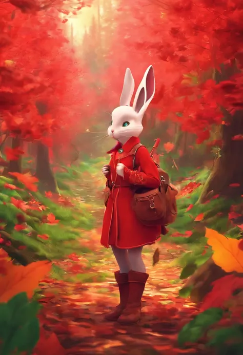 a 3D render (Photograph of an adventurous bunny sister standing on an autumn foliage trail), anthropomorphic turtle，full bodyesbian，Side view，hairy, Clear and beautiful face, Big green bright eyes, Binoculars hanging from her chest, Sister Bunny is wearing...