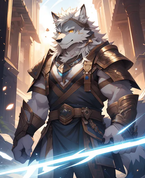 solo person，white body，white ears，white hair，overall white，orange-yellow eyes，wolf tail，wolf orcs，young，ultra-clear screen，soft ...