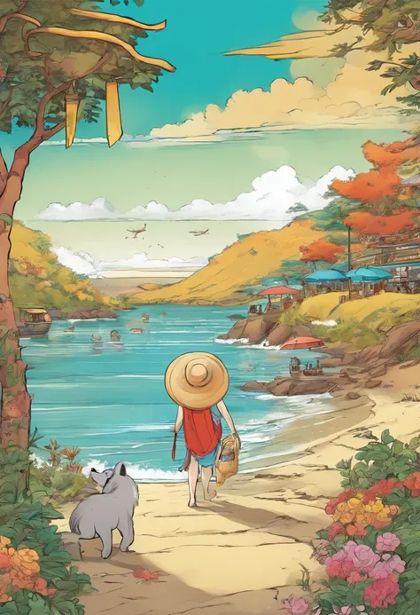 Japanese manga with anthropomorphic animals going to a beach