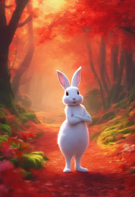 (Photograph of an adventurous little white rabbit sister standing on an autumn foliage path), ，full bodyesbian，（Side rear view），hairy, Clear and beautiful face, Big green bright eyes, Binoculars hanging from her chest, Sister Rabbit wears a green fashion a...