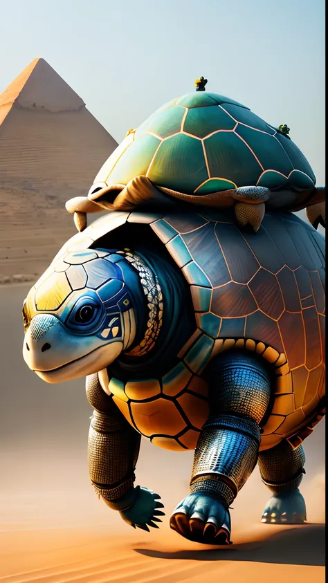 Animalrizz   (( turtle )) 10, masterpiece, highres, Absurd,photorealistic portrait, Parley_armature,Egypt,Pyramids, Cute Robot Tiger,In armor ,Wear Parley_armature, Massive futuristic armor, running, move,