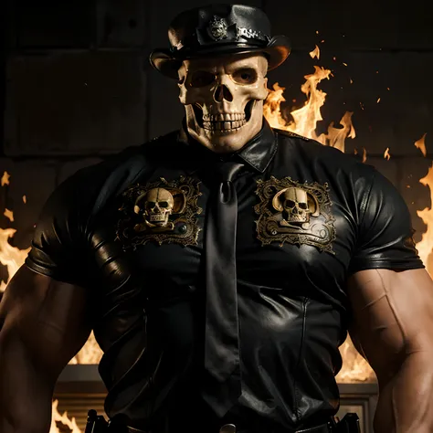 Ghost rider , muscled with huge pecs , huge torso , huge arms , with a skull head like  with fire , as a police officer with a hat and a tie