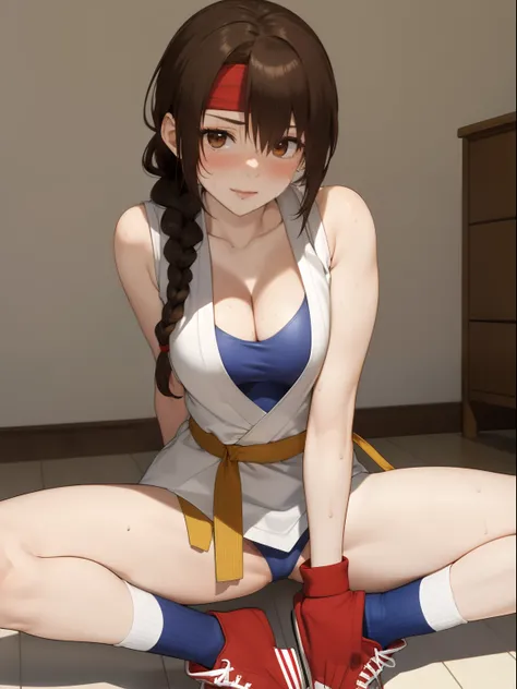 ((masterpiece:1.2, best quality)), yuri sakazaki, 1girl, braided ponytail, long hair, brown hair, brown eyes, red headband, (white dogi1.2), Blue top, bare arms, Yellow black fingerless gloves, blue panties, karate, medium breasts, cleavage, Blue tight soc...