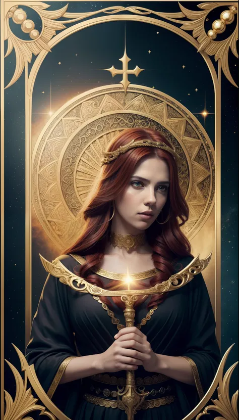 tarot cards，Full tarot border，(The image is surrounded by a tarot card-style border:1.8), (Slender head)scarlettJohansson （Scarlett Johansson） Portrait of a 32-year-old，Hades，（Wearing：black toga，Armed with a giant scythe，），Great giants，angry look，(Hairstyl...