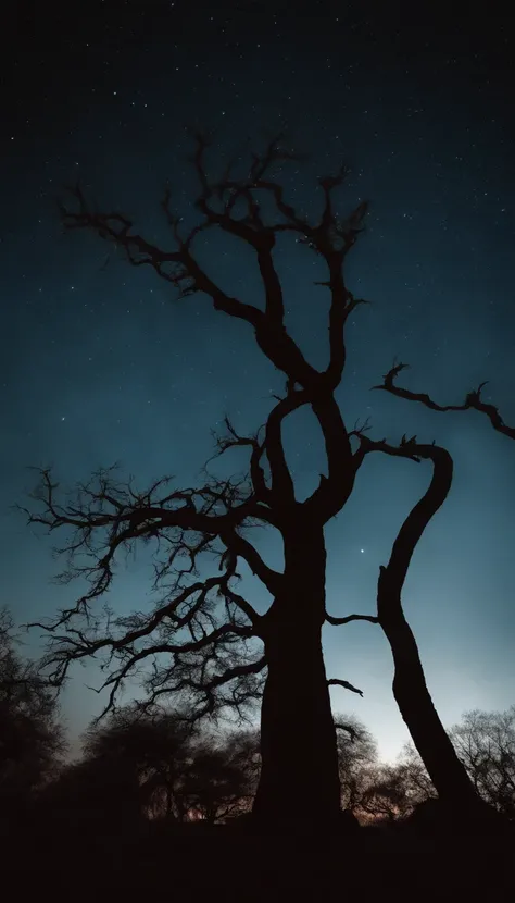 Full moon in the sky, Silhouette of an imposing cosmic tree, figuras abstratas espalhadas por um terreno baldio, each with a unique style, todos com olhos carmesim brilhantes" Uma cena surreal e assombrosa, Where the sky bleeds crimson, casting an ominous ...