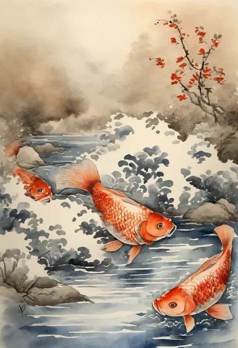 Best Quality, ​masterpiece, (9 carp: 1,5), style of hokusai, Ukiyo-e Eiyo Pattern