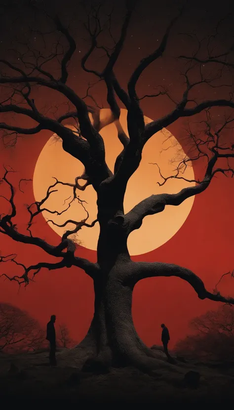 Full moon in the sky, Silhouette of an imposing cosmic tree, figuras abstratas espalhadas por um terreno baldio, each with a unique style, todos com olhos carmesim brilhantes" Uma cena surreal e iluminada, Where the sky bleeds crimson, casting an ominous g...