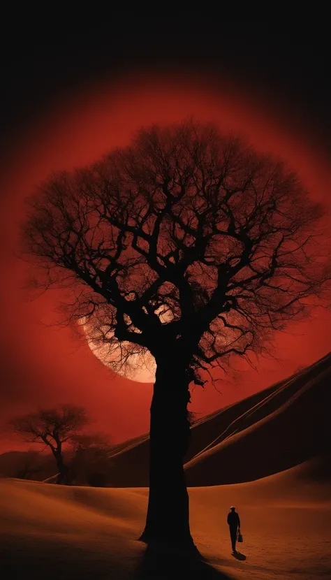 Full moon in the sky, Silhouette of an imposing cosmic tree, figuras abstratas espalhadas por um terreno baldio, each with a unique style, todos com olhos carmesim brilhantes" Uma cena surreal e iluminada, Where the sky bleeds crimson, casting an ominous g...