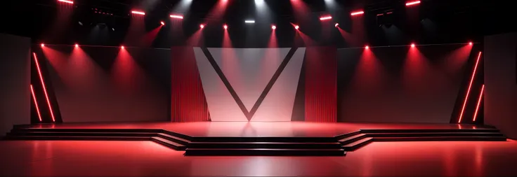 The stage is designed in a minimalist style，The main color is light black and red。"V"styling，In the center of the stage is a huge LED screen、Brand image video、Dressing tables and display stands，Used to interact with the audience on vfxFriday