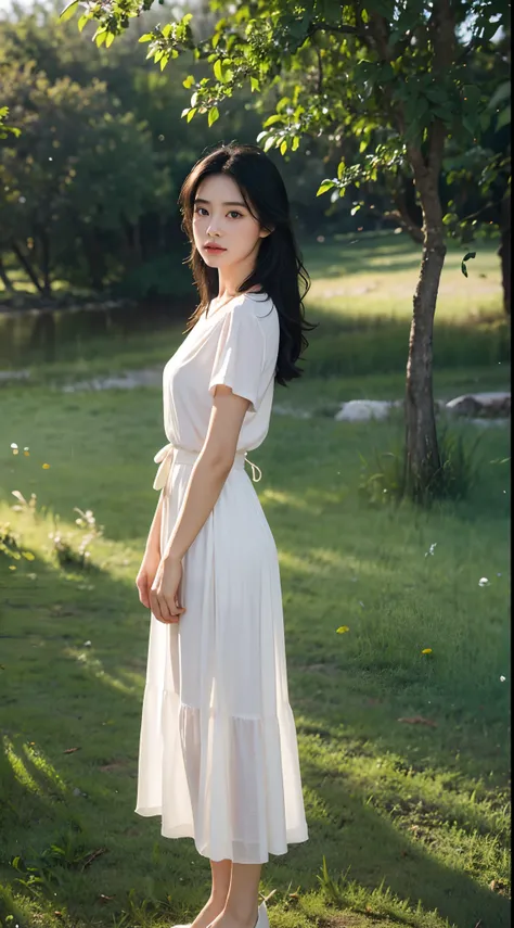 High-res, Realistic portrait by the river in the countryside，A perfect-skinned amateur，stand posture，Looking out at the mountains in the distance，Vista full body，sideface，Long black hair，Show confidence and maturity, Longing for freedom and beauty，Surround...