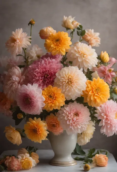 there is a vase with flowers on a table, a pastel inspired by François Boquet, unsplash, baroque, gorgeous composition, dahlias, paper chrysanthemums, floating bouquets, magical flowers, realistic flowers oil painting, soft and intricate, glorious composit...