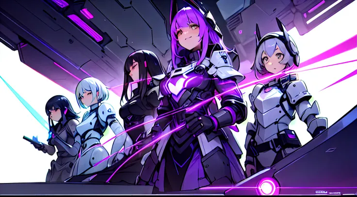 A team of five girls: Camera in the distance, futuristic style, wicked smile, Unusual poses, Black and white armor with neon purple lines pattern on armor, "Tears Frontage" Above them, whitebackground