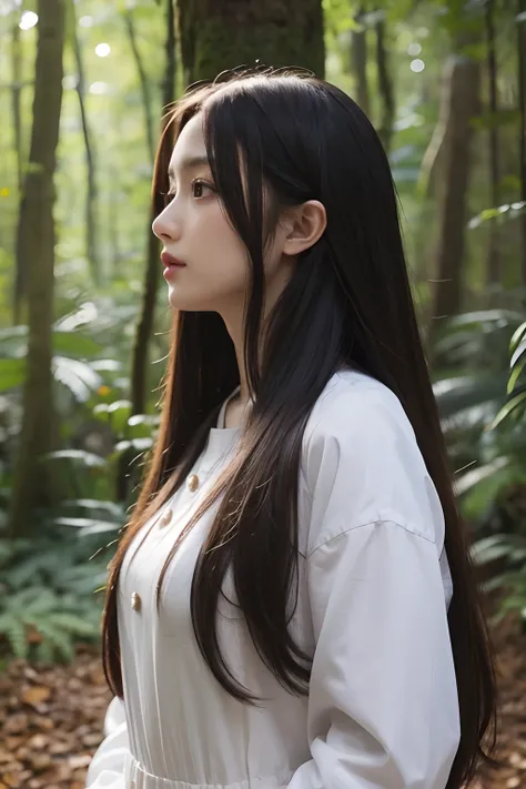 long hair girl，bust，ln the forest