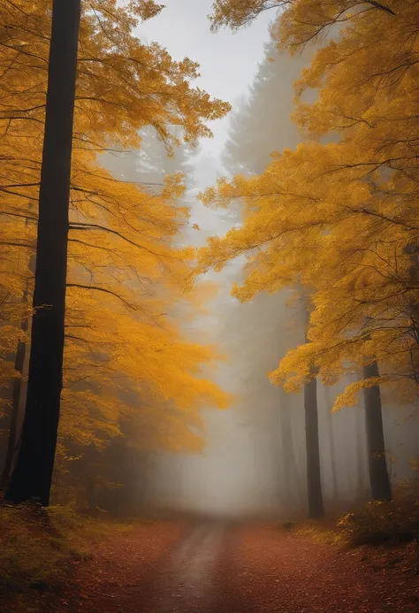 Golden pine forest，Filled with fog，Autumn morning，Faraway view，heal