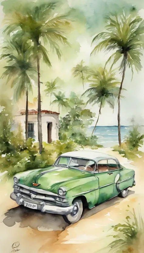 Print old posters, adobe ilustrator, Light green car vector, Beauty in kimono on the edge of a beach in the Caribbean Sea, With palm trees, Old buildings in Havana, ::n_low-quality, human - shaped, Anime, imperfection, Texto, signed.