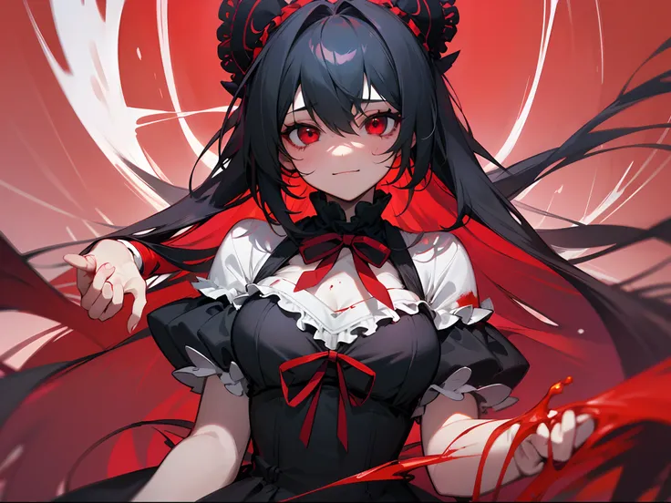 Rias,(masterpiece, best quality, expressive eyes, perfect face 8k, 1girl red eyes long hair black hair black lolita yandere smile red light dark light, look at view empty eyes hand at face blood at face --auto --s2