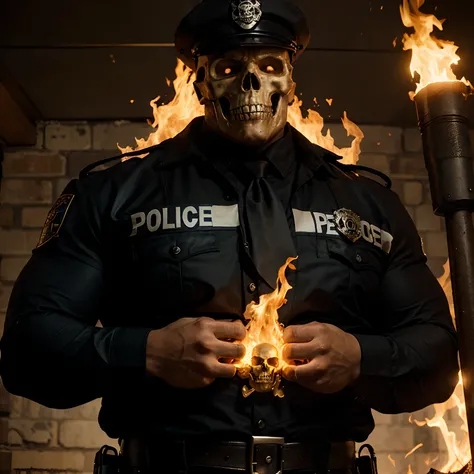 Ghost rider , muscled with huge pecs , huge torso , huge arms , with a skull head like  with fire , as a police officer with a hat and a tie