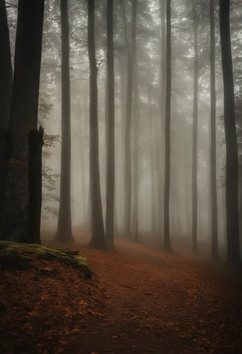 arafed view of a forest with a few trees in the fog, a picture by Gabor Szikszai, unsplash contest winner, romanticism, misty forest, beautiful forests and trees, breath - taking beautiful trees, breath-taking beautiful trees, foggy forest, lpoty, orange f...