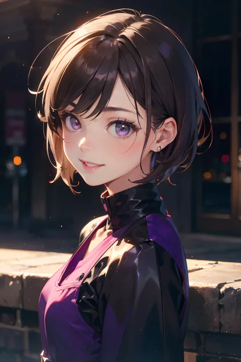 a 20 yo woman、Brown hair、Bery short hair、Big smile、Purple long dress(hi-top fade:1.3)、dark themed、Muted Tones、Subdued Color、highly contrast、(natural skin textures、Hyper-Realism、Soft light、sharp)