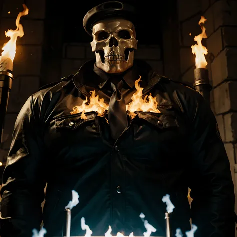 Ghost rider , muscled with huge pecs , huge torso , huge arms , with a skull head like  with fire , as a police officer with a hat and a tie