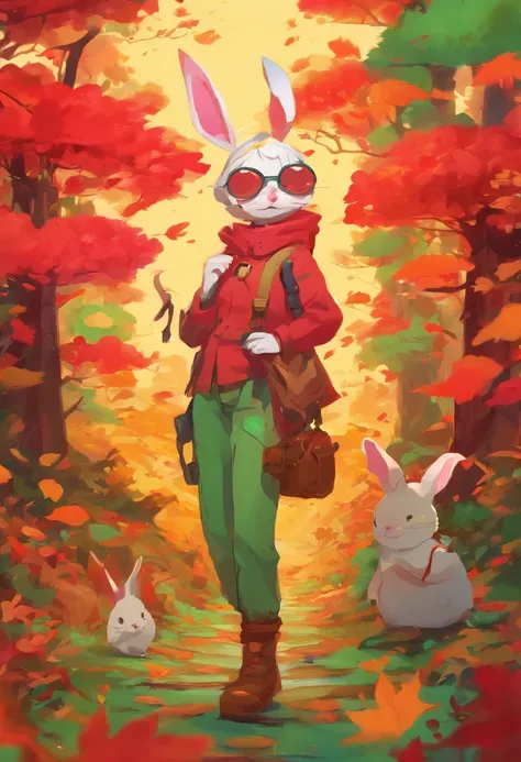 (Photograph of an adventurous little white rabbit sister standing on an autumn foliage path), ，full bodyesbian，（posterior view：1.1），（Lean on your trekking poles），hairy, Clear and beautiful face, Transparent white paws，(Big green bright eyes), ( Binoculars ...