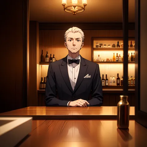 A God in a tuxedo, chilling in a bar,galaxy body,no face,