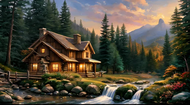 painting of a cabin in a mountain stream with a waterfall, children play around cabin,  4 k oil painting, beautiful oil matte painting, oil painting 4 k, oil painting 4k, cottage in the forest, beautiful oil painting on canvas, beautiful digital painting, ...