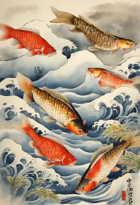 Best Quality, ​masterpiece, (9 carp: 1,5), style of hokusai, Ukiyo-e Eiyo Pattern