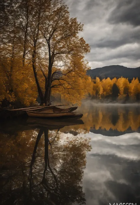 Golden pine forests on the mountains in the distance，A house by the lake，A big golden tree，In the lake is a reflection，Landscape photography，professinal，k hd，the detail