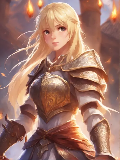 A blonde hair girl wearing a knight armor holding a sword while screaming with full of emotion on her face and fire background