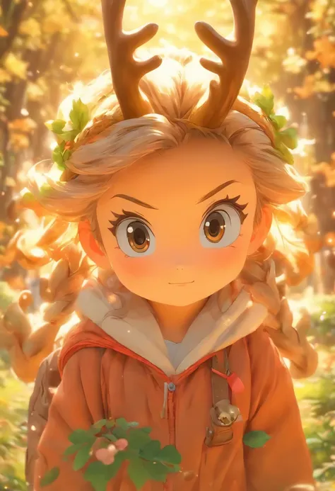 Q version of the cute five-year-old girl，Wear antlers on the head，The eyes are bright and clear，Carrying a bag in the shape of a tea leaf，Realistic proportions, Post-processing, ((Orthogonal perspective)), Super detail, Realistic, Super realistic, photorea...